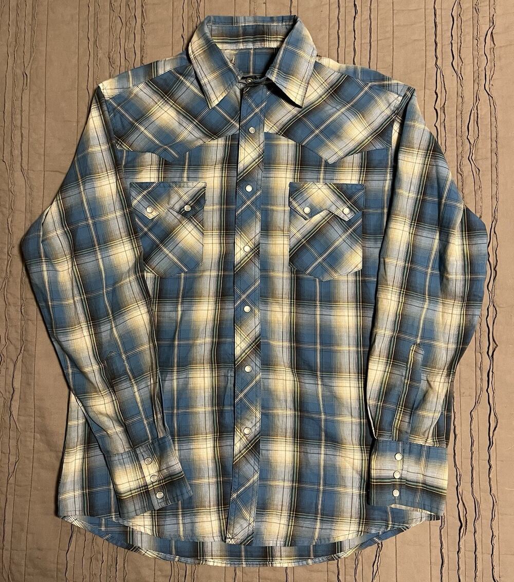 Vintage Y2K Wrangler Pearl Snap Western Shirt Mens Medium Blue Plaid Cowboy